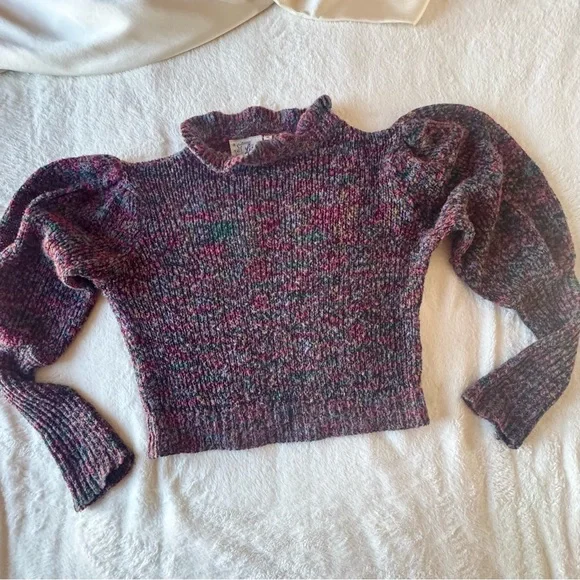 Vintage 80s Marled Knit Cropped Leg Mutton Balloon Purple Pink Sleeve Sweater 🔥 - Picture 8 of 10